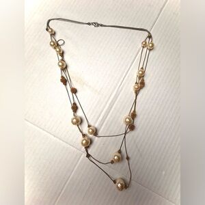 Vintage Multi Strand Necklace Faux Pearl Silver Gold Tone Metal Coiled Beads